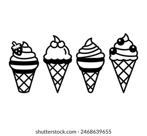 ice cream cone icons symbol vector design simple black white illustrations collections sets isolated