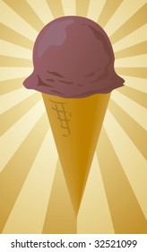 Ice cream cone illustration, chocolate scoop on radial burst background vector