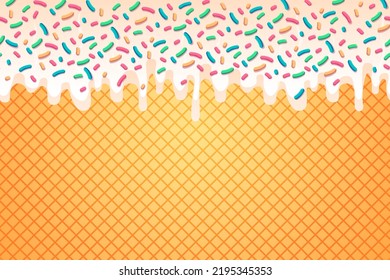 Ice cream cone illustration with dripping white vanilla icing and wafer texture. Abstract food information. Sweet vector seamless pattern