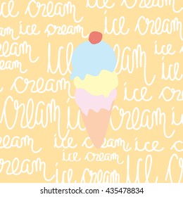 Ice cream cone illustration isolated on yellow with 'Ice cream' text printed on background