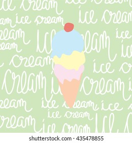 Ice cream cone illustration isolated on green with 'Ice cream' text printed on background