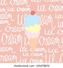 Ice cream cone illustration isolated on pink with 'Ice cream' text printed on background