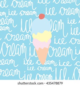 Ice cream cone illustration isolated on blue with 'Ice cream' text printed on background