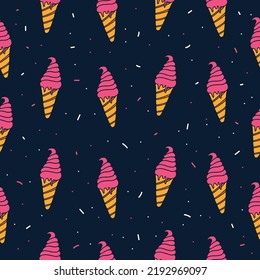 ice cream cone illustration on navy background. pink and yellow colors. seamless pattern with ice cream, hand drawn vector. retro style. doodle for wallpaper, wrapping paper and gift, backdrop, fabric