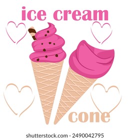 Ice cream cone illustration on white background. Ice cream in a waffle cone.