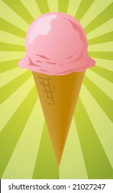 Ice cream cone illustration, strawberry scoop on radial burst background