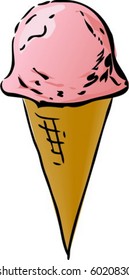 Ice cream cone illustration, strawberry flavor lineart hand-drawn look