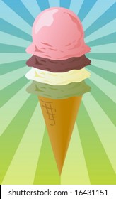 Ice cream cone illustration, three scoops on radial burst background