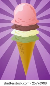 Ice cream cone illustration, three scoops on radial burst background