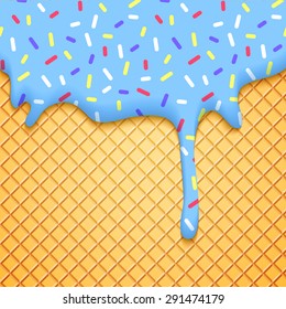 Ice Cream Cone Illustration with Wafer and Blue Glaze. Colorful Vector Food Background.