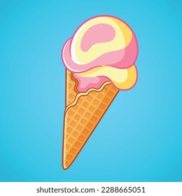 Ice Cream Cone illustration. Ice cream in a waffle cone. Hand-drawn vector illustration