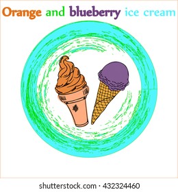 Ice cream cone. Image of orange and blueberry ice cream.