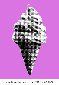 cono de helado aislado de puntos de medio tono textura bitmap retro vintage estilo de arte pop elemento de collage para medios mixtos diseño loco moderno negro y blanco