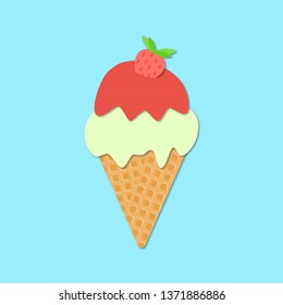 Ice cream cone isolated icon. 3d vector. Paper cut style. Summer dessert