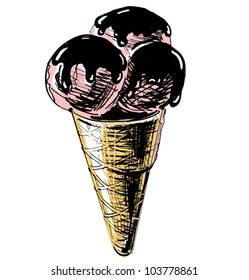Ice cream in a cone isolated on white background. Hand drawing sketch vector illustration