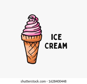 Ice cream cone isolated on white background. Colorful doodle sketch of dessert. Vector design illustration.