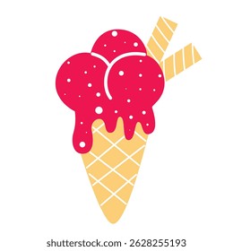 Ice cream cone isolated on white background. Refreshing milky creamy fruit berry dessert clip art. Scoops of bright pink ice cream in waffle cone with crispy sticks. Vector element