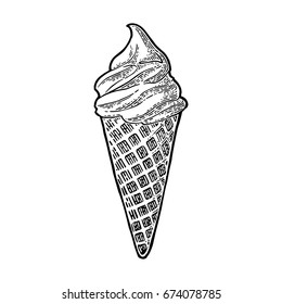 Ice cream in the cone. Isolated on white background. Vector vintage black engraving illustration.