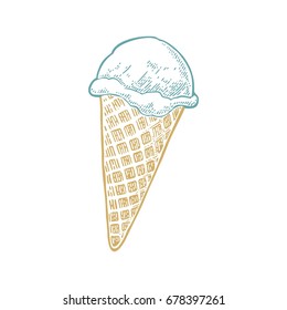 Ice cream in the cone. Isolated on white background. Vector vintage color engraving illustration.