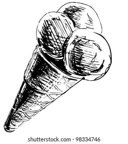 Ice cream in a cone isolated on white background. Hand drawing sketch vector illustration
