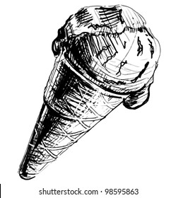 Ice cream in a cone isolated on white background. Hand drawing sketch vector illustration