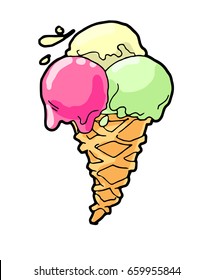 Ice cream cone isolated over white, hand drawn vector summer illustration.