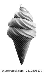 ice cream cone isolated in retro halftone black and white collage element for mixed media design vintage dotted pop art style grunge punk crazy vector illustration on a white background