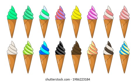 Ice cream cone isolated vector icon set. Different taste icecream gelato in waffle cone: chocolate, white, mint and strawberry. Cold summer dessert cartoon illustration.