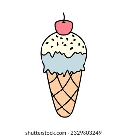 Vector aislado del cono de helado. Ilustración vectorial de helado en un cono de gofre. Icecream en tonos blancos y azules aislado en la idea de fondo blanco para un afiche, postal, camiseta.