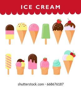 Ice cream cone isolated vector set and white background. Vanilla, chocolate, fruit ice cream.
