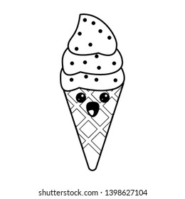 Ice cream cone kawaii cartoon in black and white