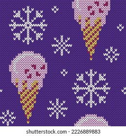 Ice cream cone knitted seamless pattern. Snowy winter background. Vector illustration.