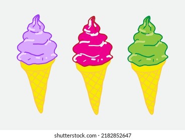 Ice cream cone light purple, light pink, green Pour purple, pink, green syrup. Raspberry flavor, strawberry milk flavor and green tea flavor vector illustration.