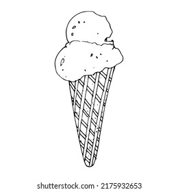 Ice cream cone line art sketch. Coloring page hand drawn stock vector illustration
