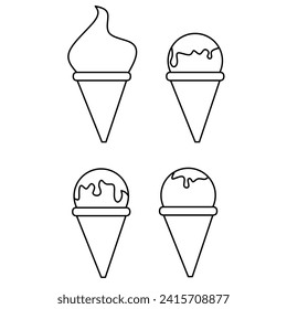 Ice cream cone line art black and white icon set. Suitable for coloring book pages for adults and children. Summer fast food vector illustration for gift card, flyer, certificate banner, logo, patch, 