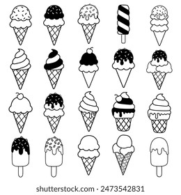 Ilustración de boceto de arte de línea de cono de helado. Icono de helado Vector. set de helado. colección de comida de verano