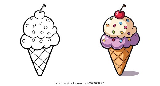 Ice Cream Cone Line Art Vector Illustration Black and White with Coloring Sample. Food and Snacks Coloring Pages for Adults and Kids.
