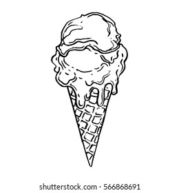 Ice cream cone line art sketch. Coloring page hand drawn stock vector illustration