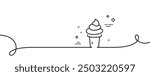 Ice cream cone line icon. Continuous one line with curl. Vanilla sundae waffle cone sign. Frozen summer dessert symbol. Ice cream single outline ribbon. Loop curve pattern. Vector