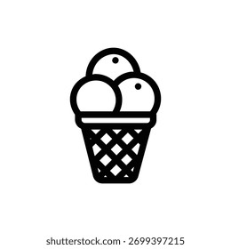 Ice cream cone line icon, outline illustration with two scoops in waffle cone, representing cold dessert, gelato, or summer sweet treat concept