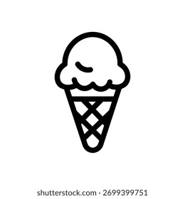 Ice cream cone line icon, outline illustration with two scoops in waffle cone, representing cold dessert, gelato, or summer sweet treat concept