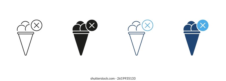 Ice Cream Cone Line and Silhouette Icon Set with Topping and Sprinkles with Cancel Symbol Indicating No Ice Cream Allowed. Editable Stroke. Isolated Vector Illustration.