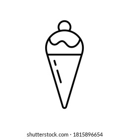 Ice cream cone. Linear icon of classic summer sweets. Black simple illustration of dessert. Waffle cone, scoop of ice cream with icing and cherry. Contour isolated vector pictogram, white background