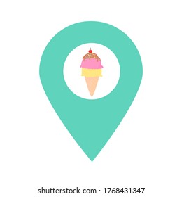 Ice cream cone location map pin pointer icon. Element of map point for mobile concept and web apps. Icon for website design and app development. Premium ice cream shop, ice store icon sign.