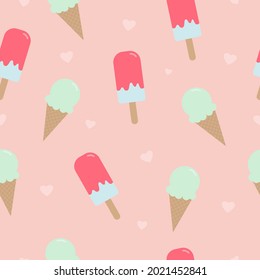 ice cream cone and ice lolly seamless pattern background for cute decorative paper or fabric texture printing and kids room wallpaper design element. vector illustration