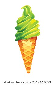 Ice cream cone with matcha soft serve. Vector cartoon illustration