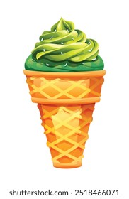 Cone de sorvete com matcha macia e cobertura decorativa. Ilustração de desenho animado vetorial