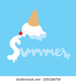 Ice cream cone is melting, Is the word summer on blue background vector.