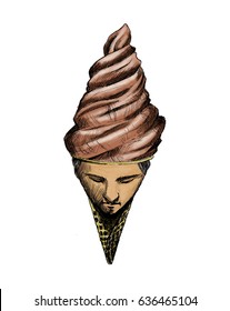 Ice Cream cone with men face, Hand Drawn Sketch Vector illustration.