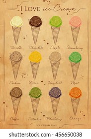 Ice cream cone menu with different kinds in retro style with lettering, drawing on kraft background